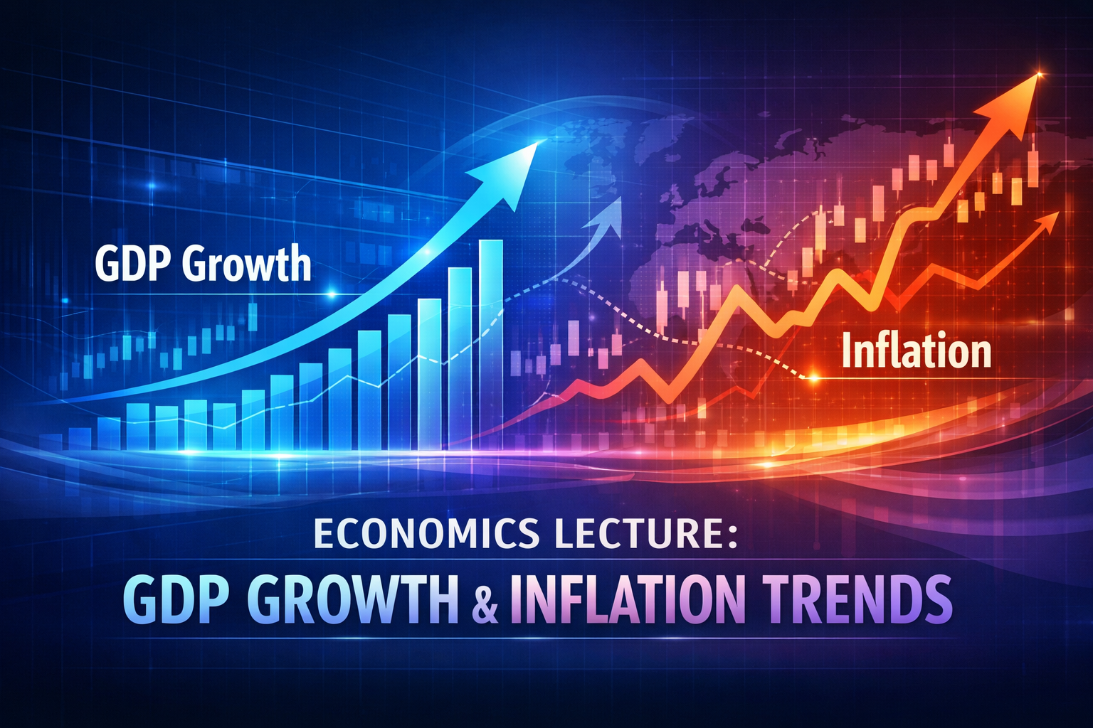 Academic economics lecture cover illustration featuring abstract GDP growth bars and inflation trend lines over a modern blue and purple presentation background.