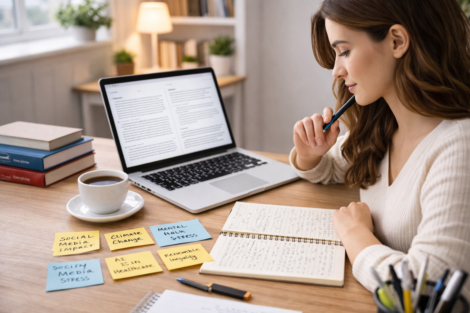 University student brainstorming thesis topic ideas at a desk with a laptop displaying research articles, notebooks, academic books, and sticky notes with potential dissertation topics in a focused study environment