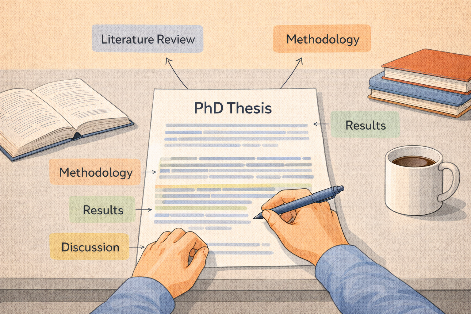 Minimal academic illustration of a doctoral student writing a PhD thesis at a desk, with labeled sections including literature review, methodology, results, and discussion surrounding the document in a clean study environment.