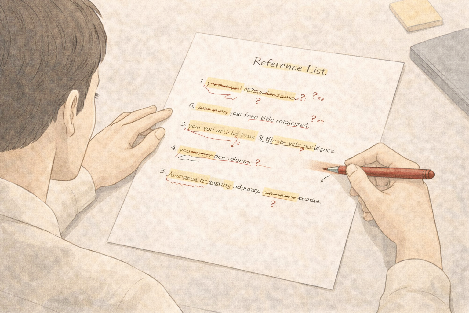 Minimalist academic illustration of a university student proofreading a reference list, with highlighted citation errors and organised notes on a desk, presented in a clean university style with neutral scholarly tones.