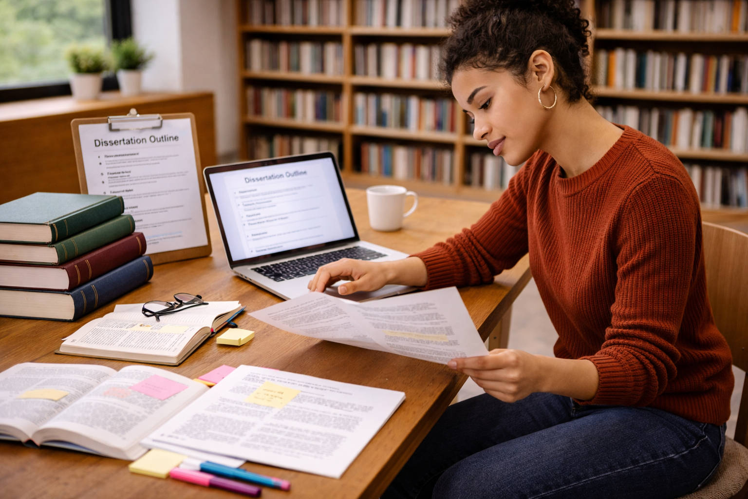 Graduate student reviewing a thesis on a laptop while holding research papers, with academic books, notes, and a dissertation outline arranged on a university desk in a quiet study environment