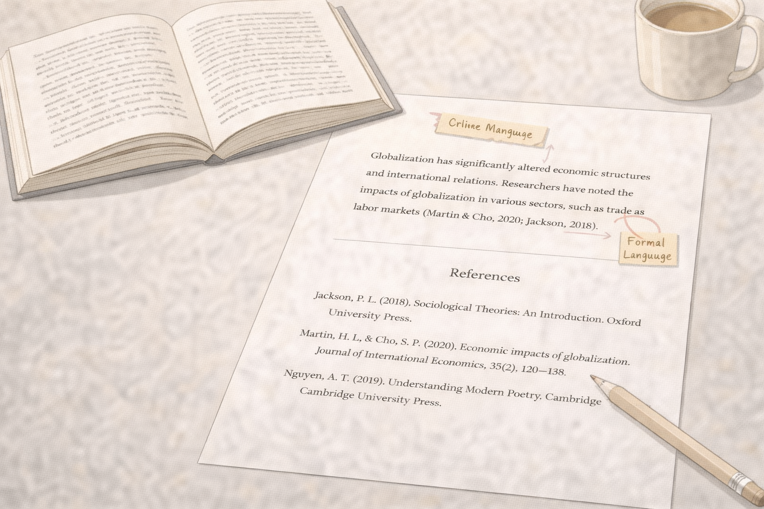 Academic illustration of an open textbook alongside an annotated essay page with in-text citation markers and a neatly formatted reference list, arranged in a clean, minimalist university-style setting.