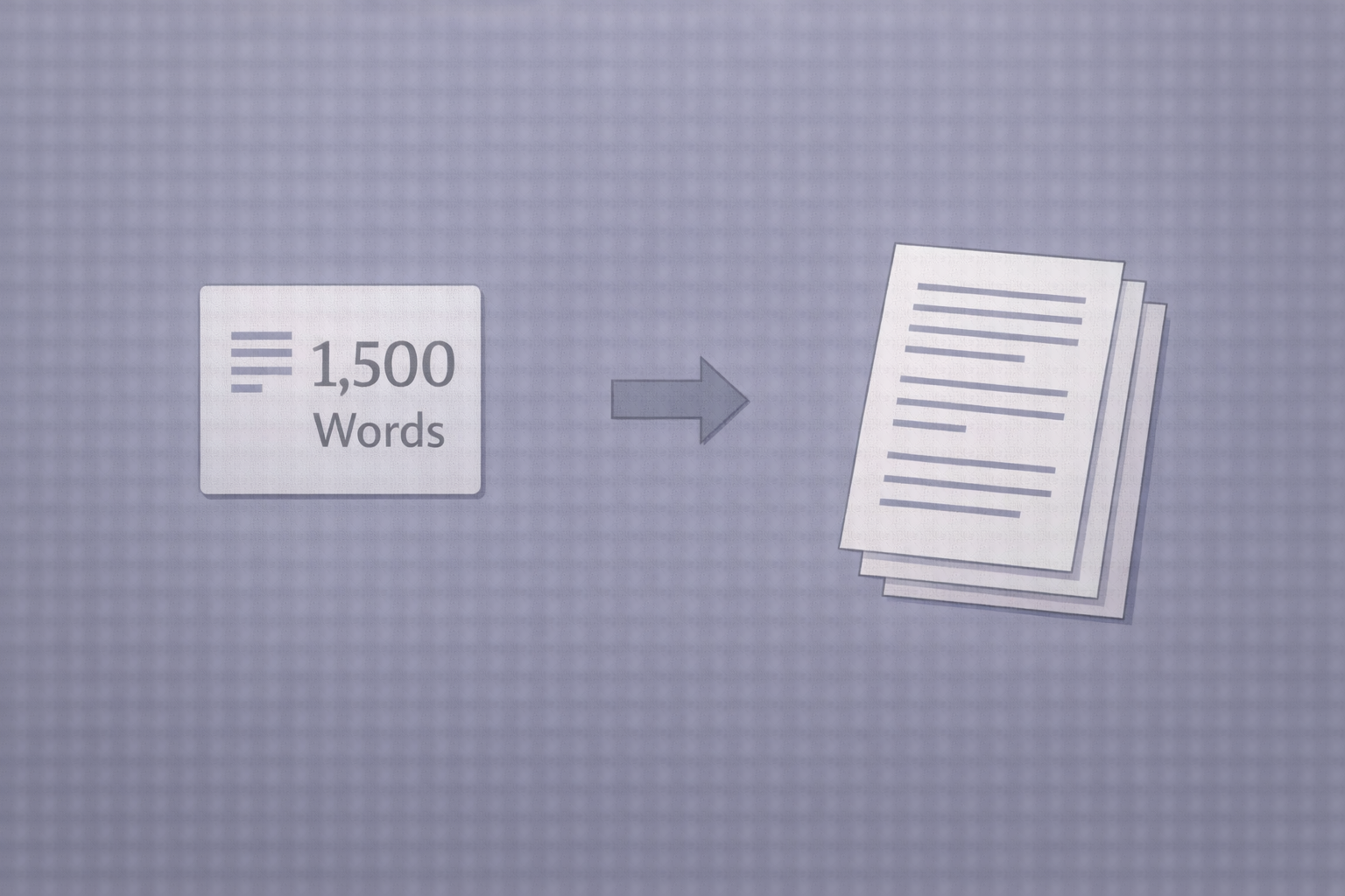 Minimalist academic illustration of a word count icon transforming into a stack of document pages, representing the relationship between word length and page count in a clean university style with neutral blue and grey tones and a professional instructional mood.