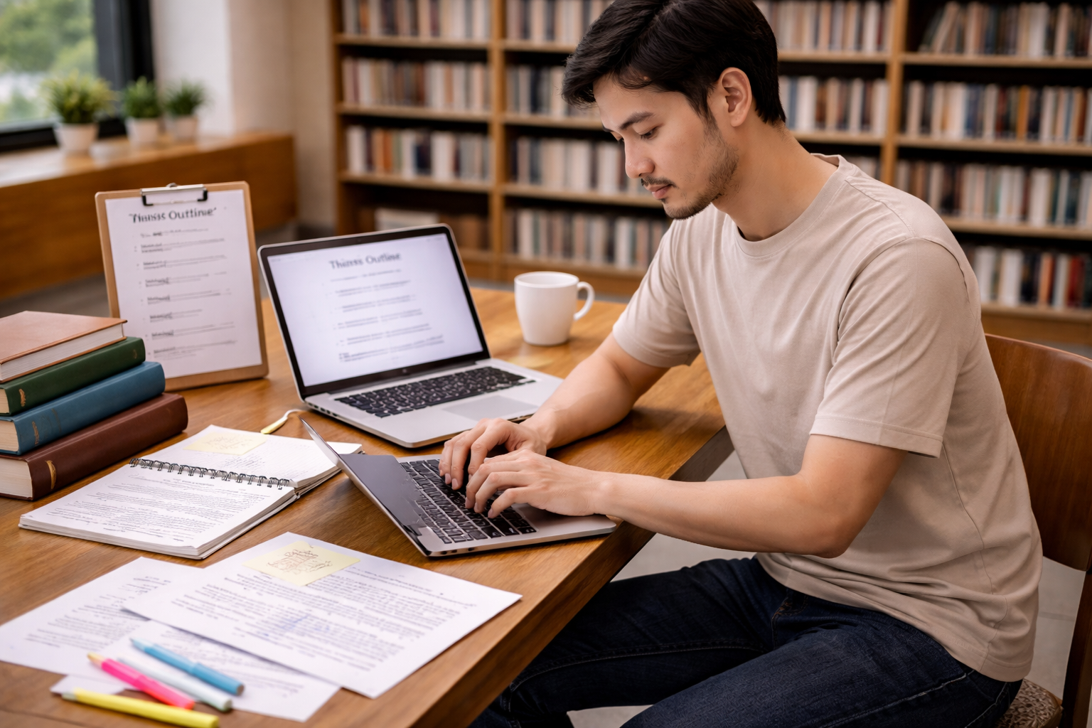 Graduate student working on a master’s thesis on a laptop in a university library with research papers, notebooks, and a thesis outline arranged on a study desk