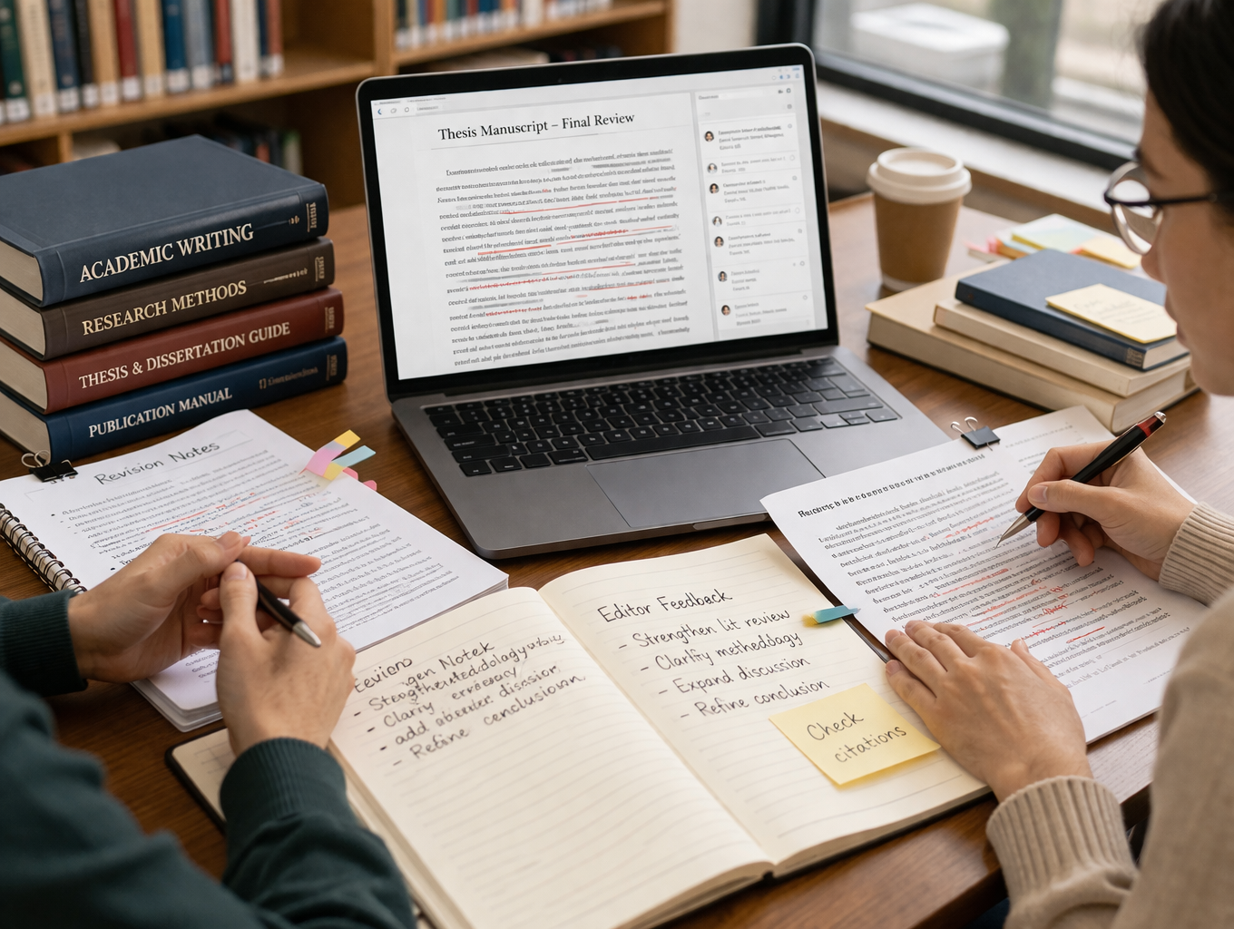 Graduate student revising a thesis manuscript on a laptop while marking printed pages with notes, surrounded by academic books, research papers, and study materials in a university workspace.