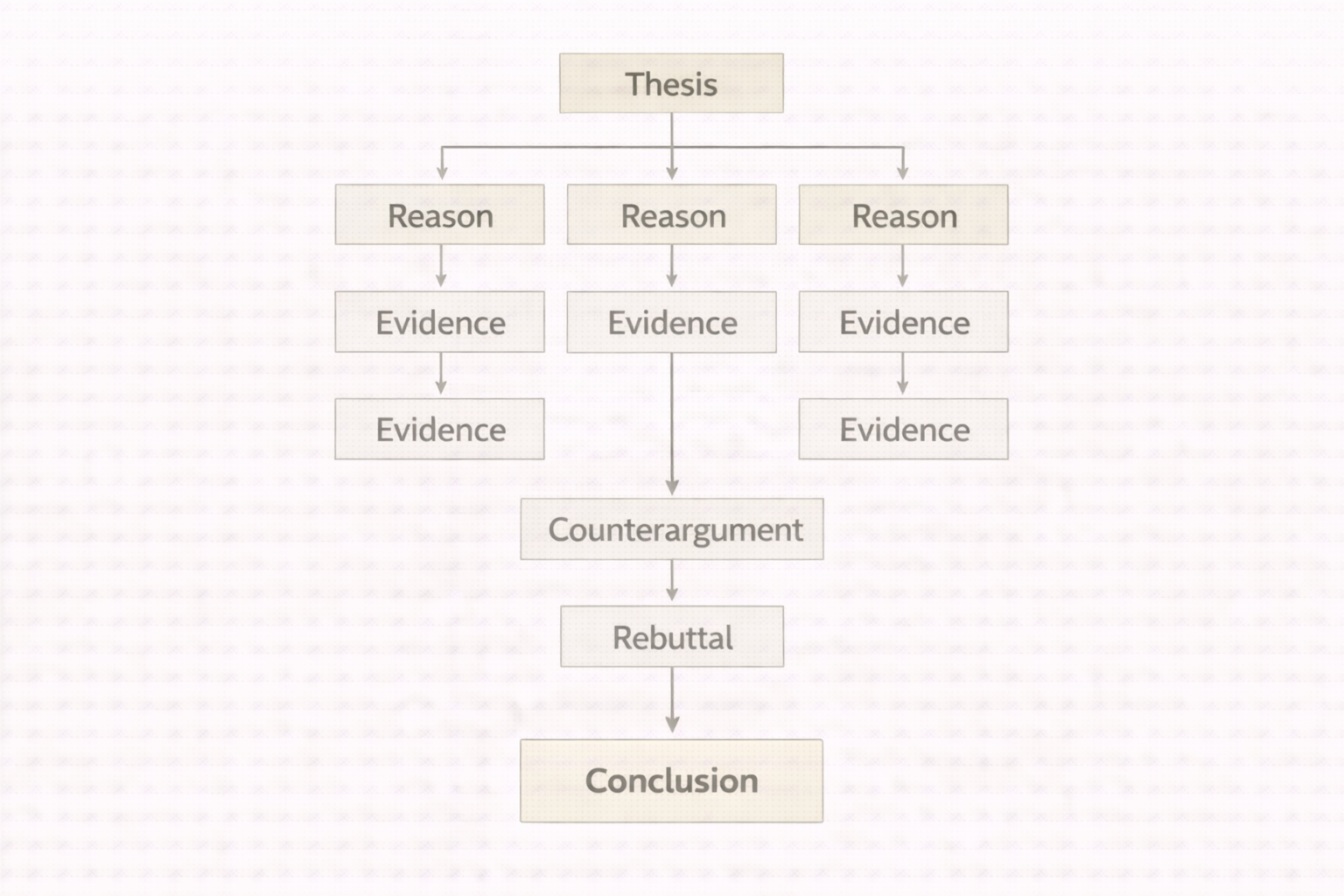 Clean academic illustration showing the structure of a persuasive essay, with labelled sections for thesis, supporting reasons, evidence, counterargument, rebuttal, and conclusion arranged in a clear, university-style hierarchy.