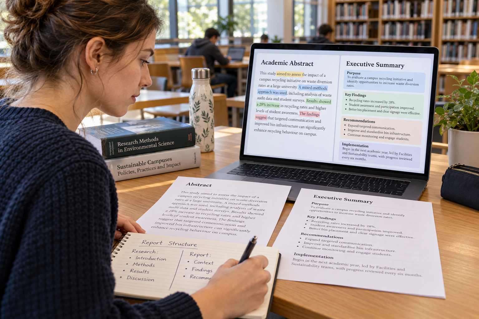 University student comparing an academic abstract and an executive summary, with notes on methodology, findings, recommendations, and report structure.
