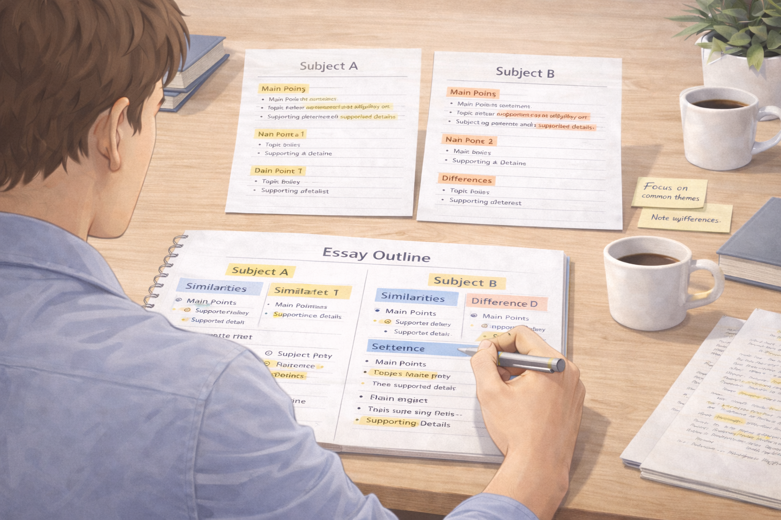University student planning an essay outline at a clean academic desk, using structured notes to compare two subjects side by side, with a neutral scholarly atmosphere and organised study materials.