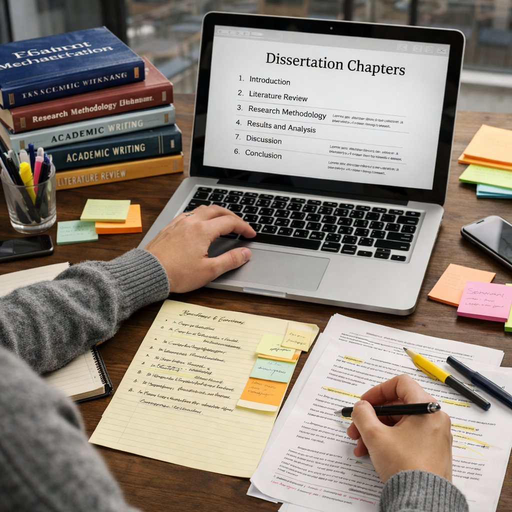 PhD student organizing dissertation chapters on a laptop in a quiet study space, with research papers, notebooks, and academic books neatly arranged on the desk.
