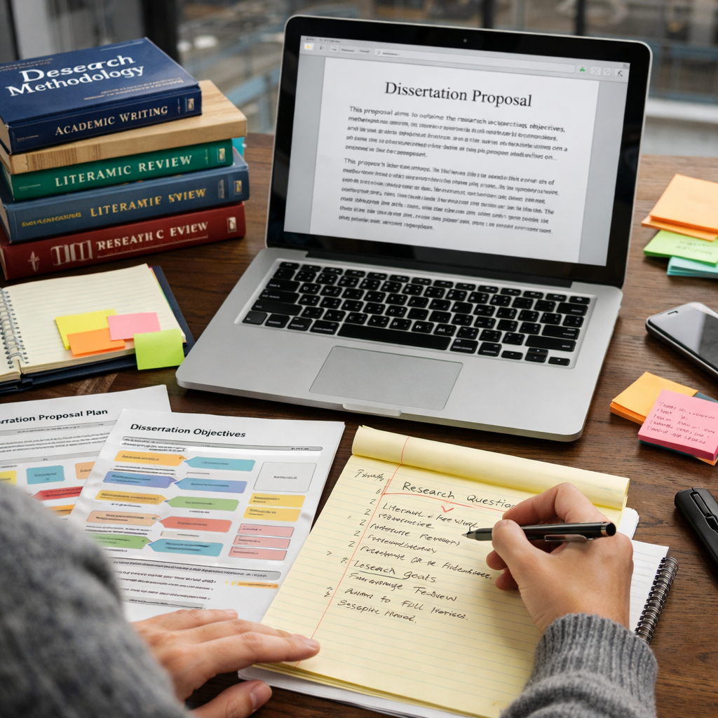 Graduate student writing a dissertation proposal at a university study desk with a laptop, research notes, planning documents, and academic books arranged in an organized workspace.