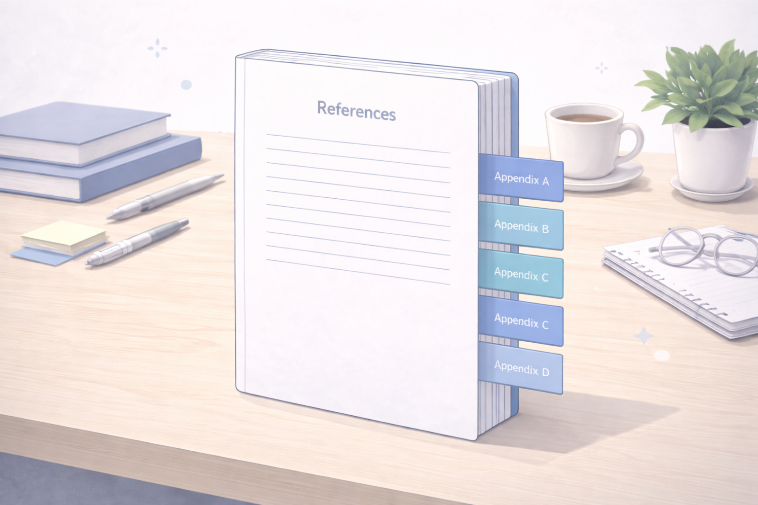 Minimalist academic illustration of a bound thesis with appendices clearly positioned after the references section, presented in a clean university style with a neutral scholarly colour palette.