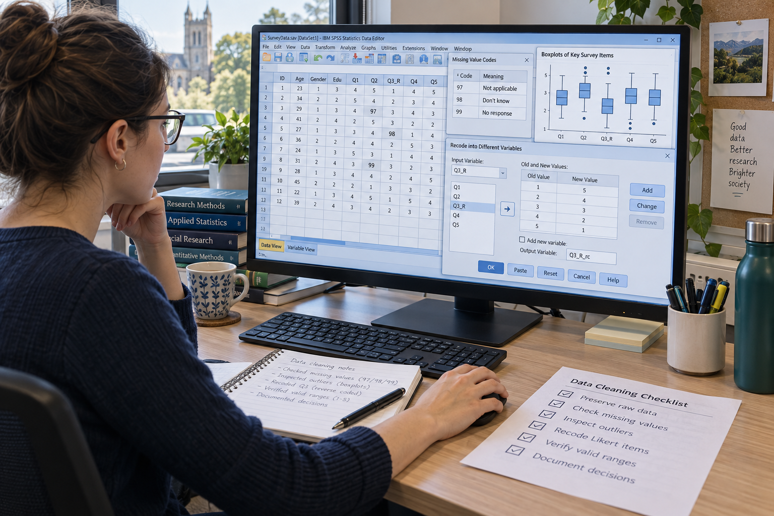 Postgraduate researcher cleaning survey data in SPSS, displaying missing-value codes, outlier boxplots, Likert-scale recoding, and a structured data-cleaning checklist.