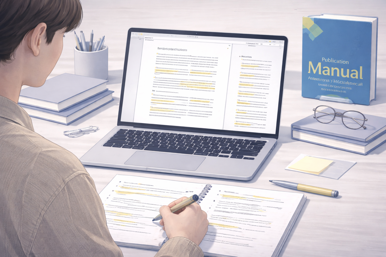 Academic illustration of a graduate student reviewing an APA-formatted research paper on a laptop, with highlighted references, notebooks, and the official APA manual arranged neatly on a study desk.