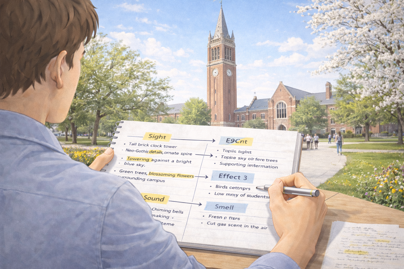 University student observing and describing a campus landmark, taking detailed notes using sensory observation techniques in an academic outdoor setting.
