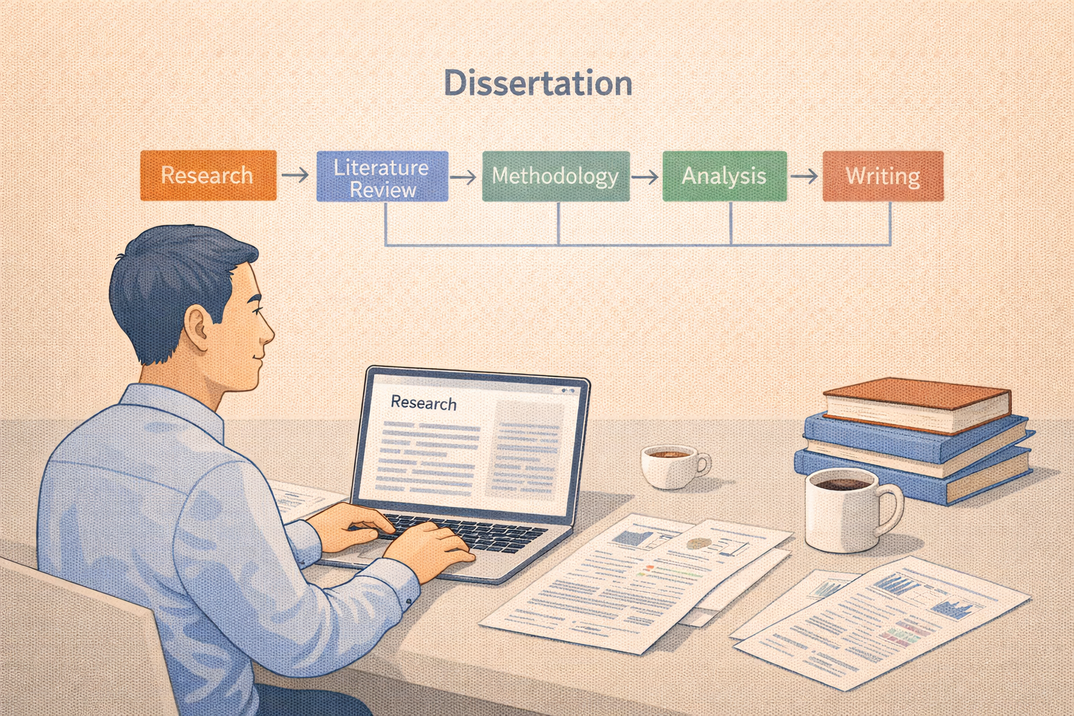 Minimalist academic illustration of a graduate student working on a dissertation with a laptop, books, and research papers, accompanied by a diagram showing stages of the dissertation process from research to literature review, methodology, analysis, and writing.