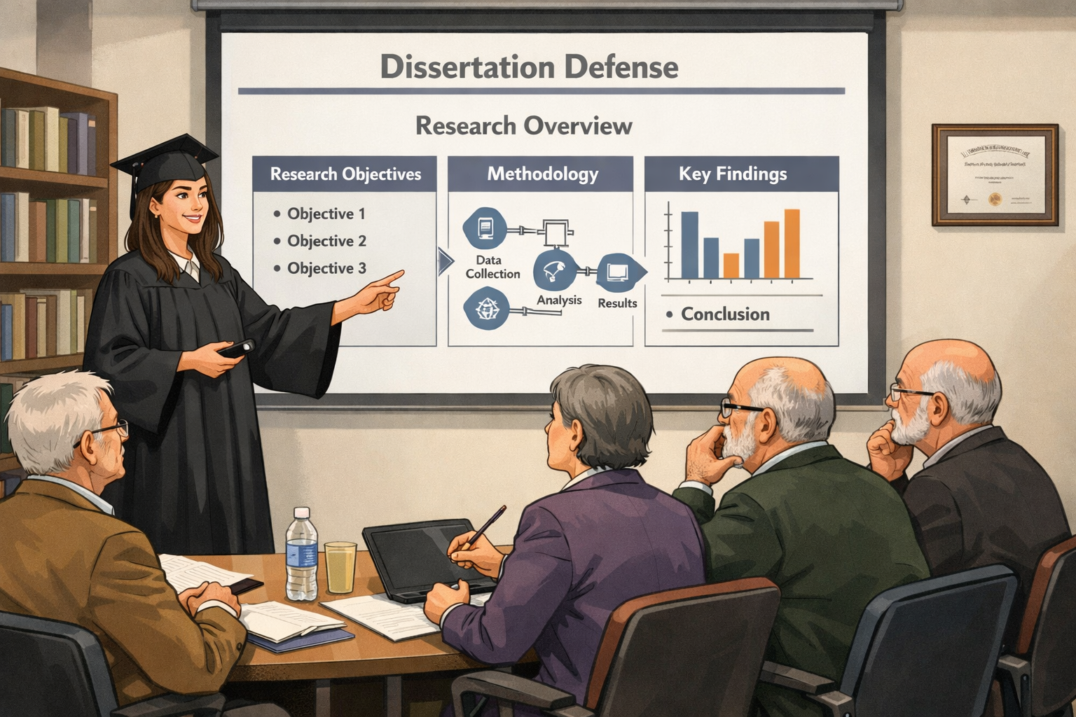 Academic illustration of a graduate student presenting dissertation slides to a panel of professors during a formal university defense, with charts and research visuals displayed on a screen in a conference room.