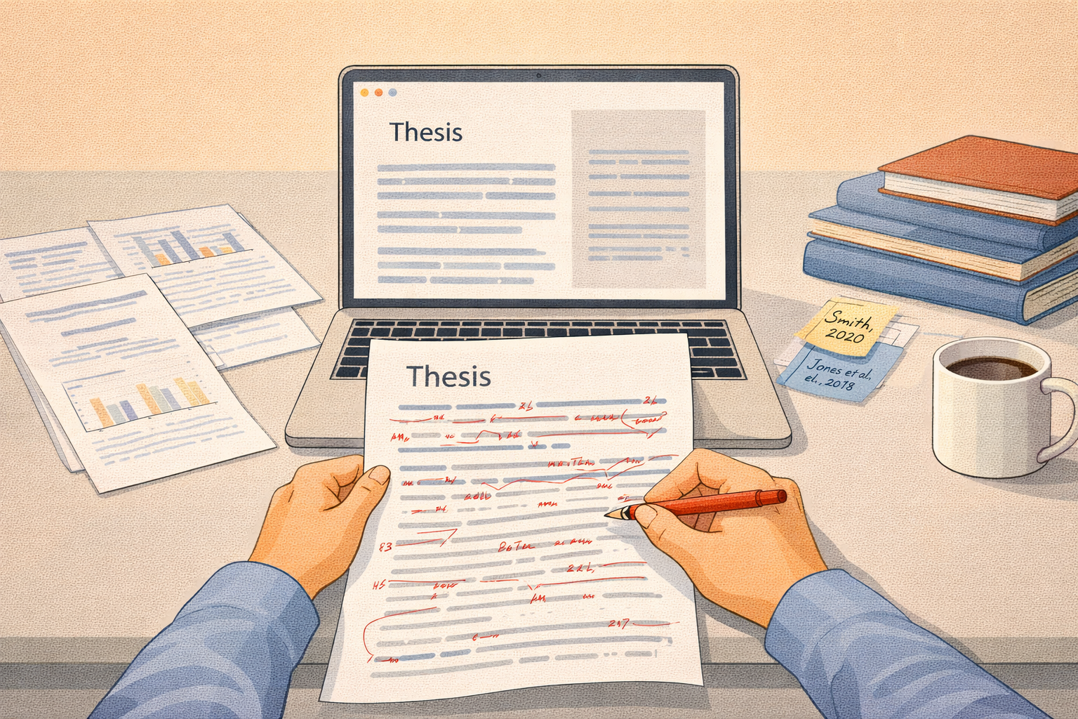 Minimalist academic illustration of a student reviewing a printed thesis with red proofreading marks while working on a laptop, surrounded by research papers, books, and citation notes in a clean study environment.