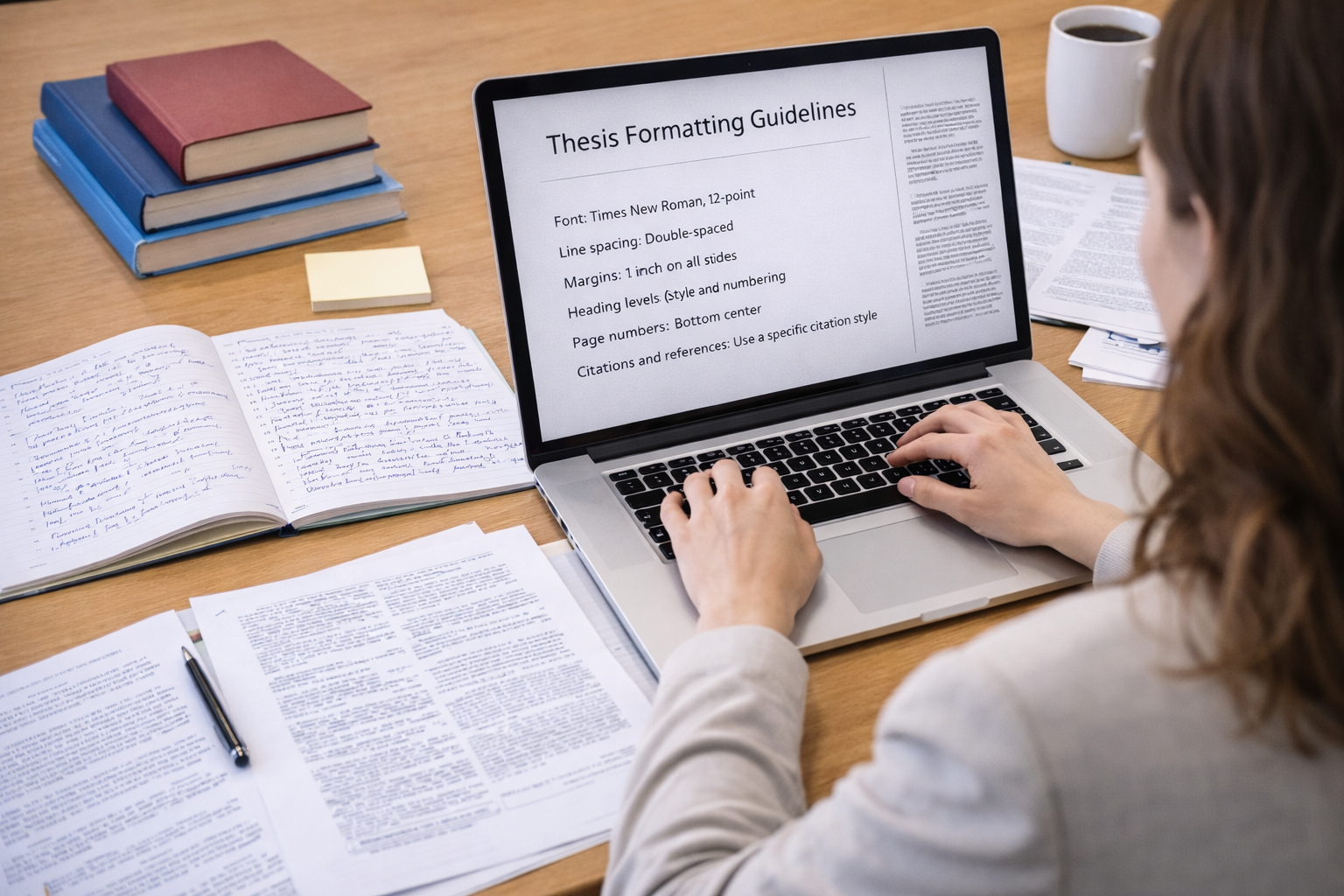 University student formatting a thesis document on a laptop with formatting guidelines visible on the screen, alongside academic papers, notebooks, and books arranged on a clean study desk