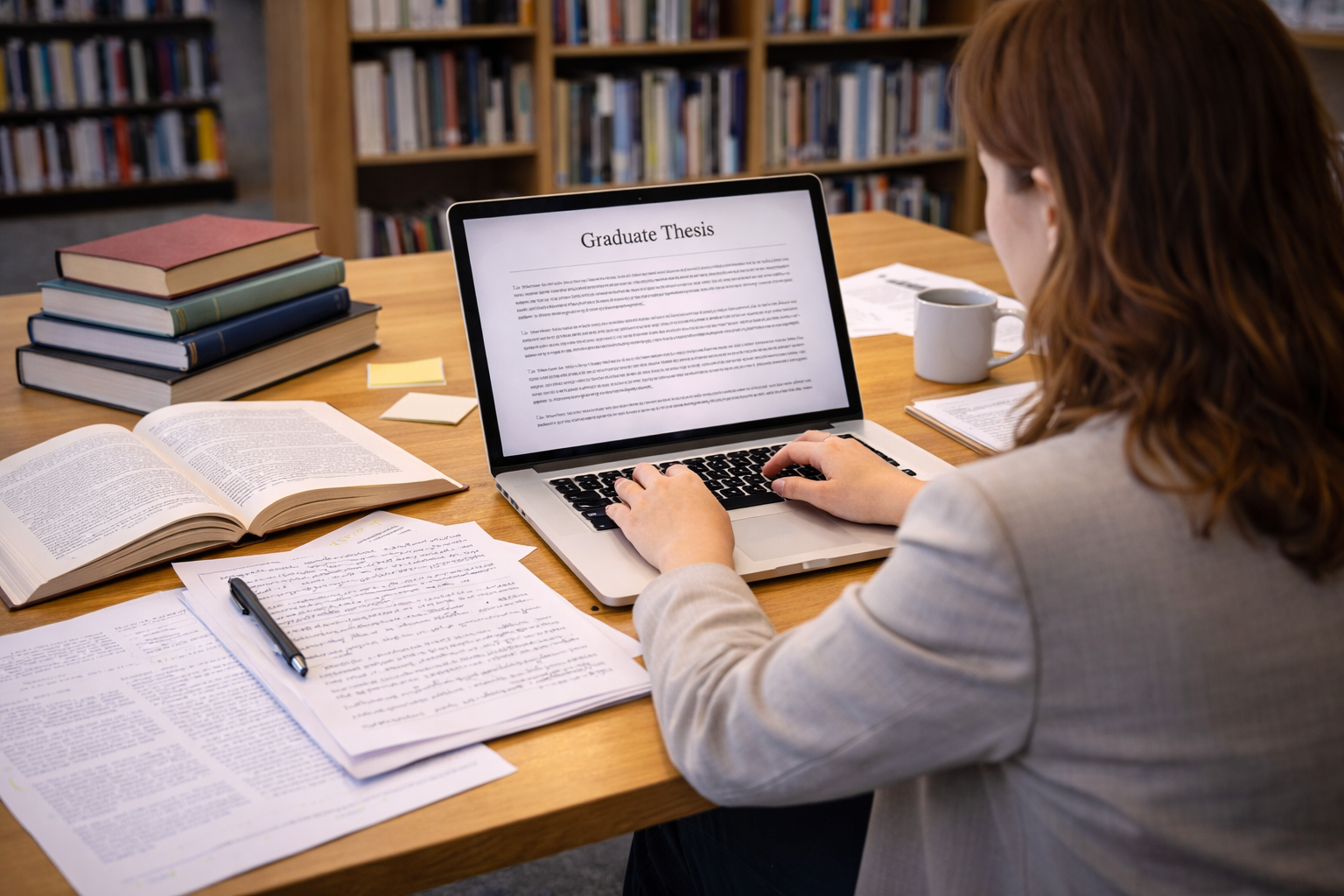 Graduate student writing a thesis on a laptop with academic books and research papers on a university study desk in a quiet library environment