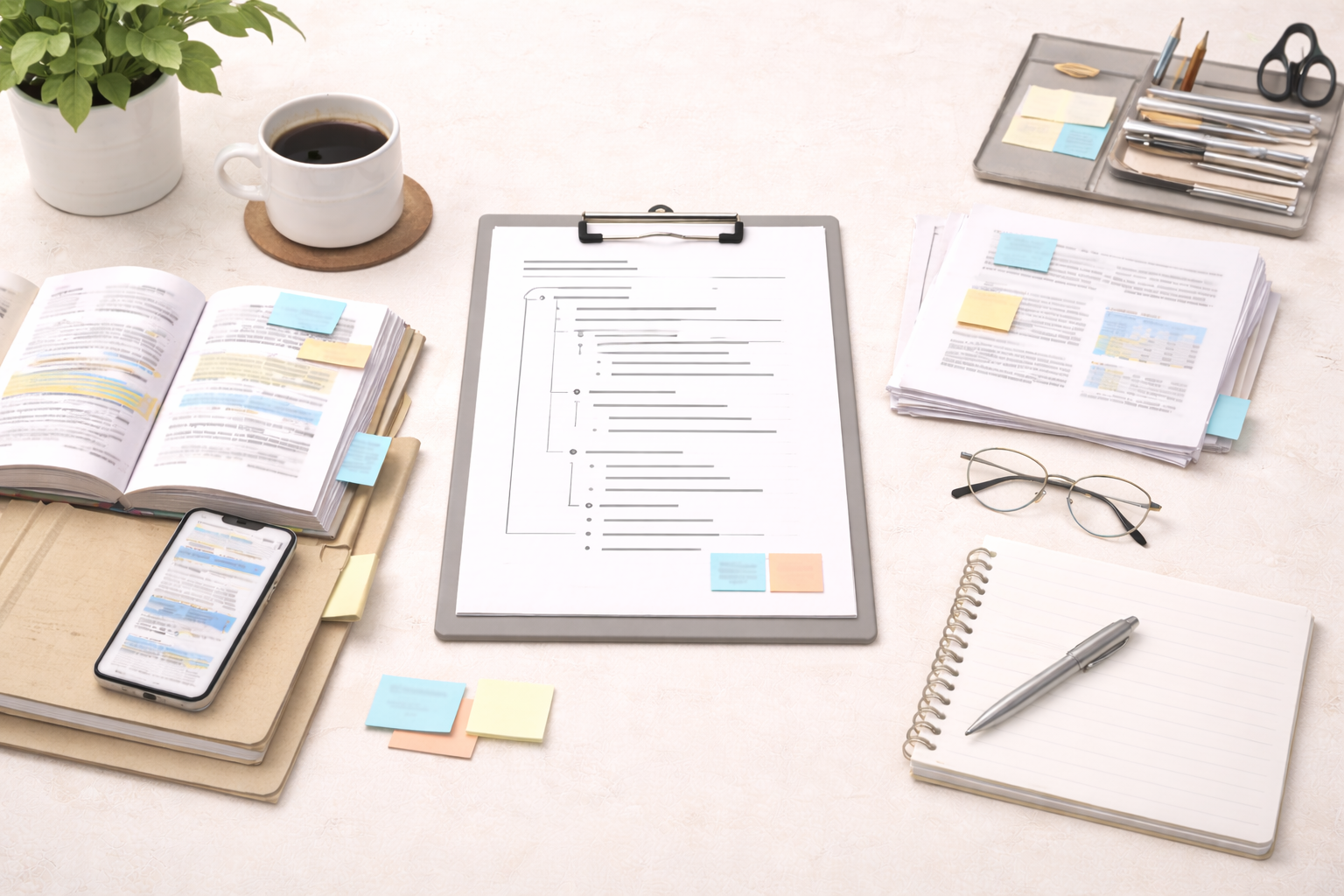 Minimalist academic illustration showing a student desk with a structured essay outline, neatly arranged books, and research notes, presented in a clean professional university-style setting with neutral tones.