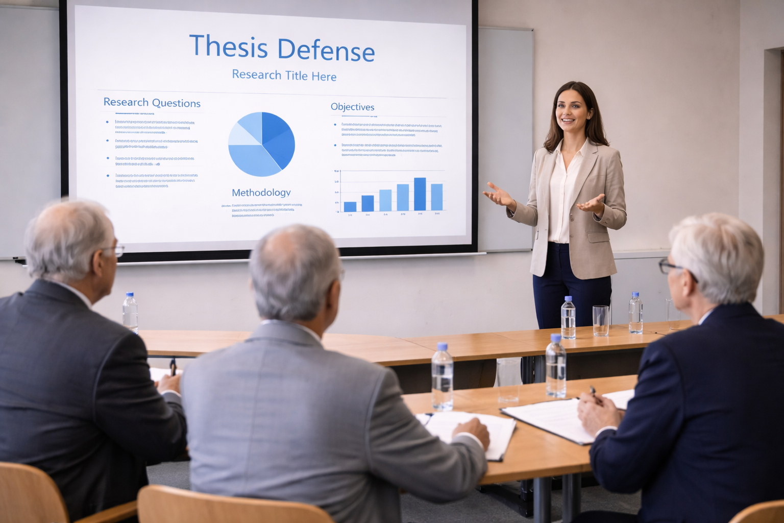 Graduate student presenting a thesis defense to a panel of professors in a university seminar room with presentation slides displayed on a projector