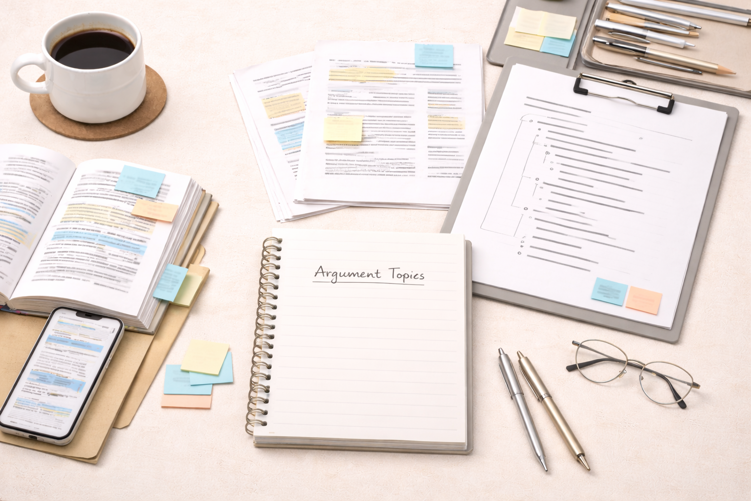 Minimalist academic illustration showing a university desk with a central notebook indicating argument planning, surrounded by scattered research articles and a structured outline page, arranged neatly in professional neutral tones with a clean scholarly aesthetic.