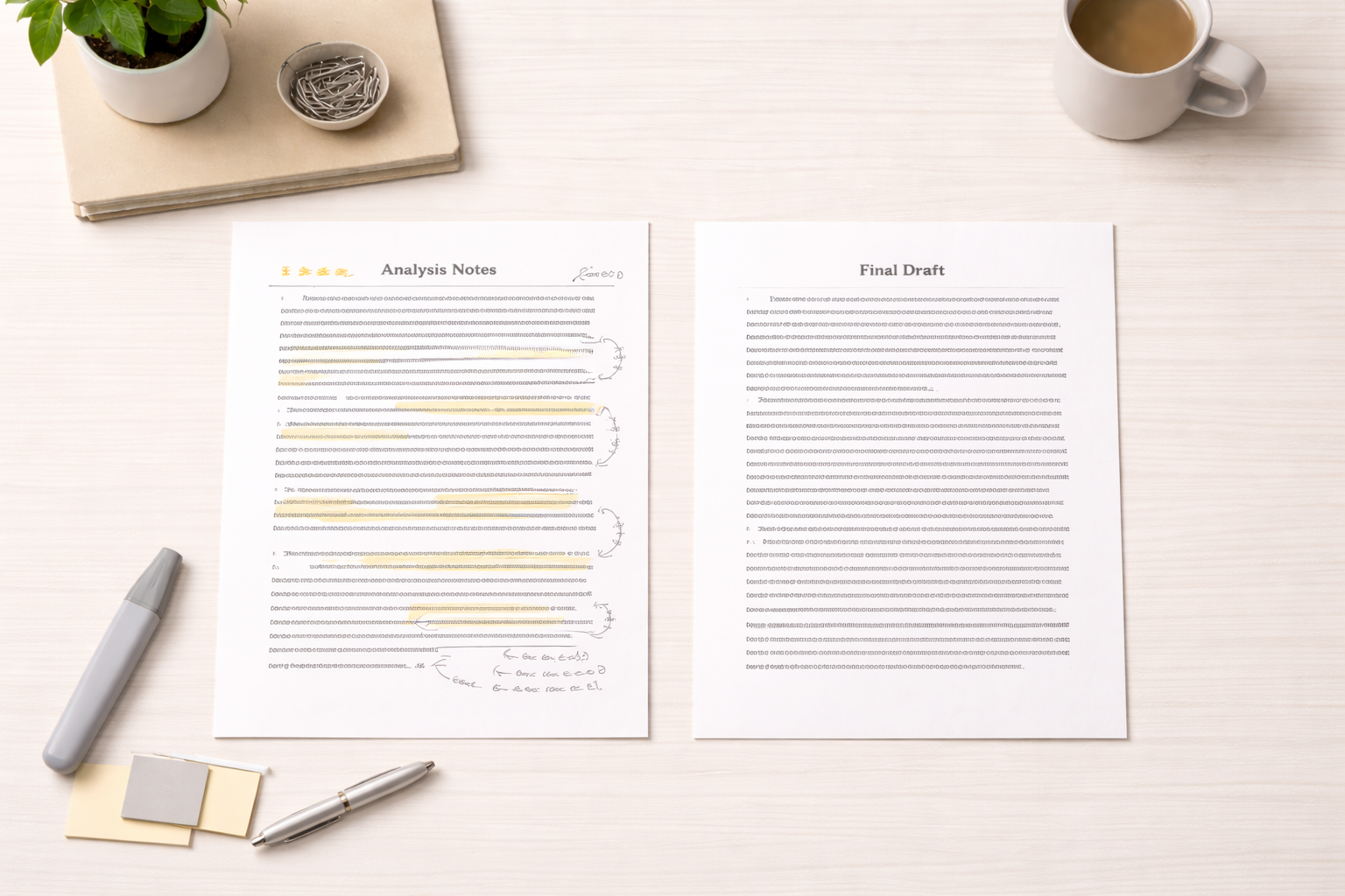 Minimalist academic desk scene showing two essay pages side by side, one heavily annotated with analysis notes and the other presented as a clean, refined final draft, arranged in a professional university study setting with neutral tones.