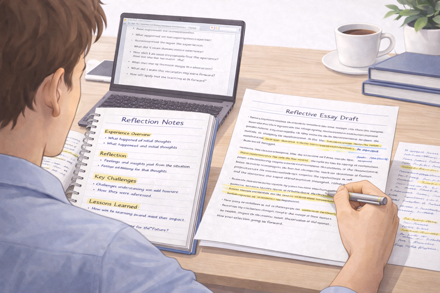 University student reviewing reflective notes and a draft essay at a desk, with highlighted annotations, academic books, and an open laptop, working in a focused scholarly study environment.