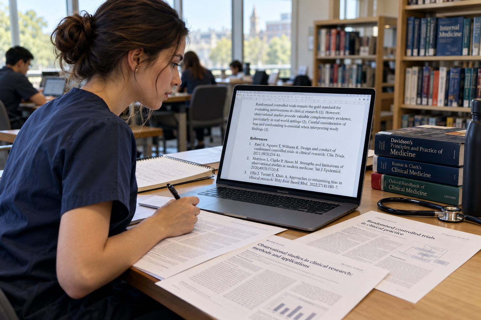 Medical student formatting numbered Vancouver references on a laptop beside printed clinical research articles.