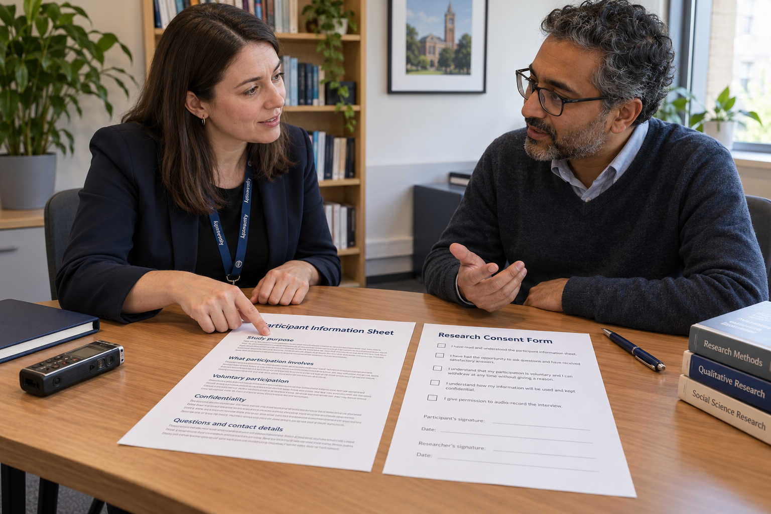 University researcher explaining a participant information sheet and research consent form to a study participant before an academic interview.