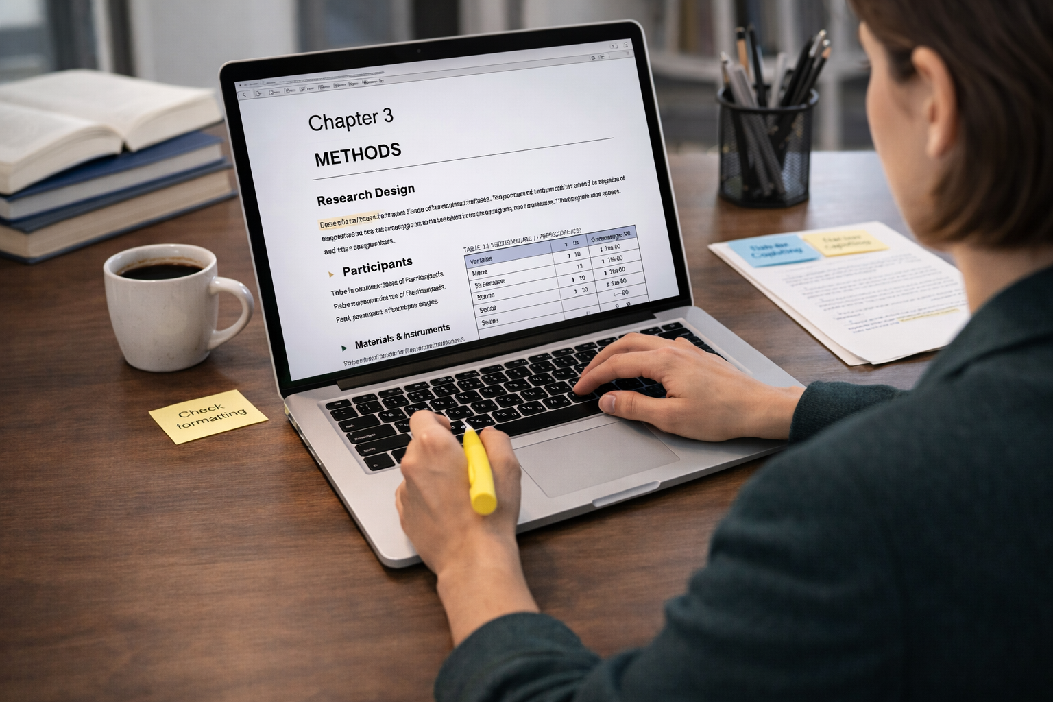 Student formatting a thesis document on a laptop with visible headings, tables, and structured layout in a clean academic workspace
