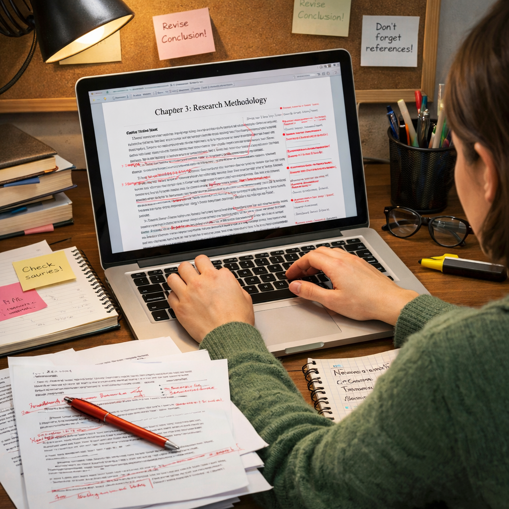 Student revising a thesis on a laptop with annotated pages, notes, and editing comments in a focused academic workspace