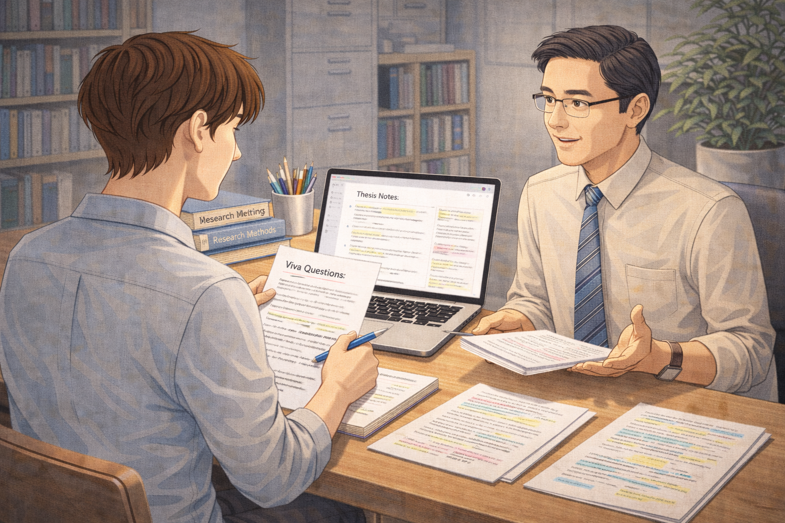 Academic illustration of a postgraduate student seated at a desk reviewing thesis notes on a laptop while discussing viva questions with a mentor in a quiet university office, conveying focused academic preparation and guidance.
