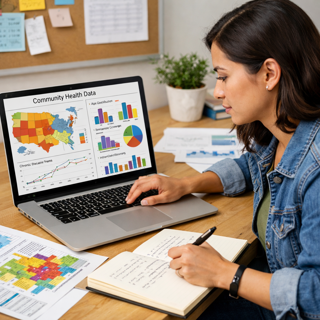 Public health student reviewing community health data on a laptop, analysing graphs and demographic maps while writing a needs assessment report in an academic study setting.
