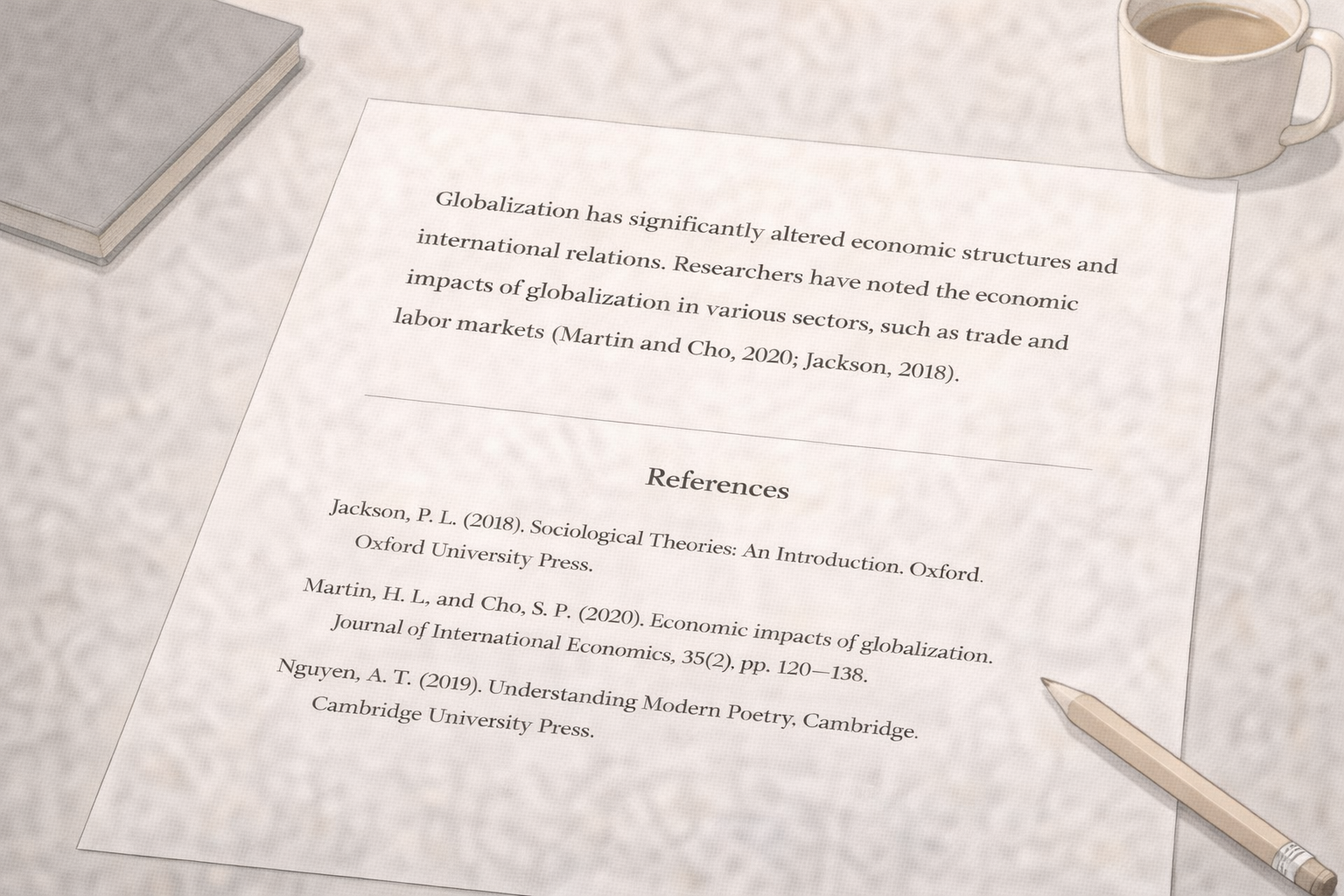 Minimalist academic illustration of a university essay page featuring Harvard-style in-text citations and a neatly formatted reference list, presented in neutral scholarly colours with a clean, professional university layout.