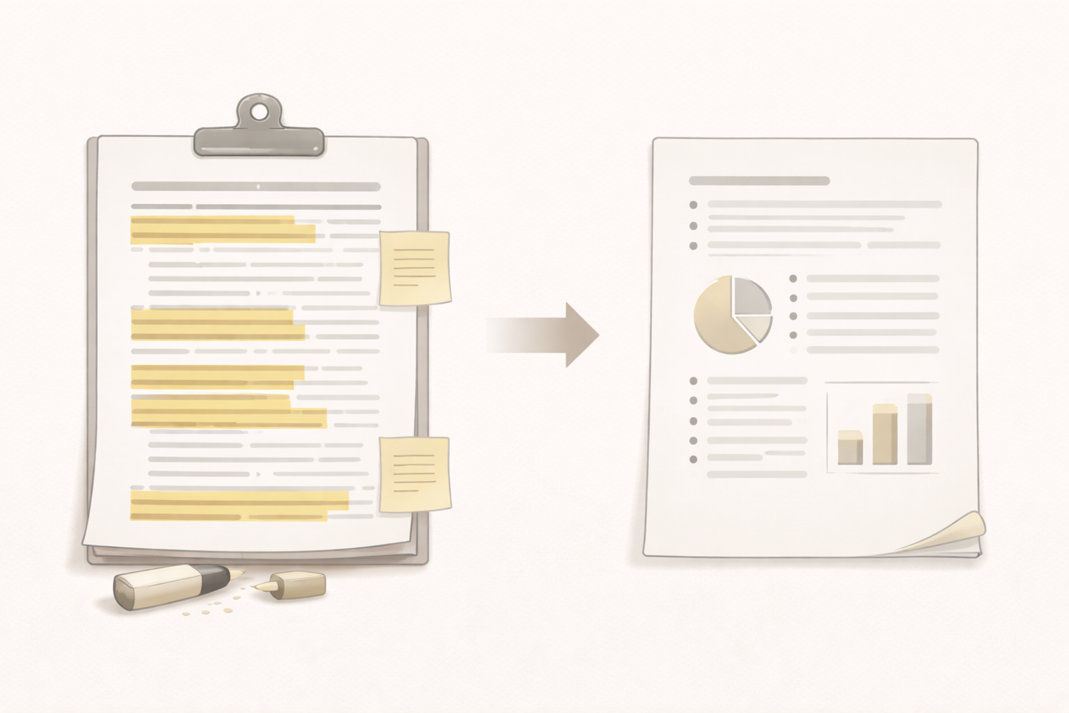 Minimalist academic illustration of a highlighted research article being condensed into a clear, structured summary, presented in a clean university style with neutral scholarly colours.