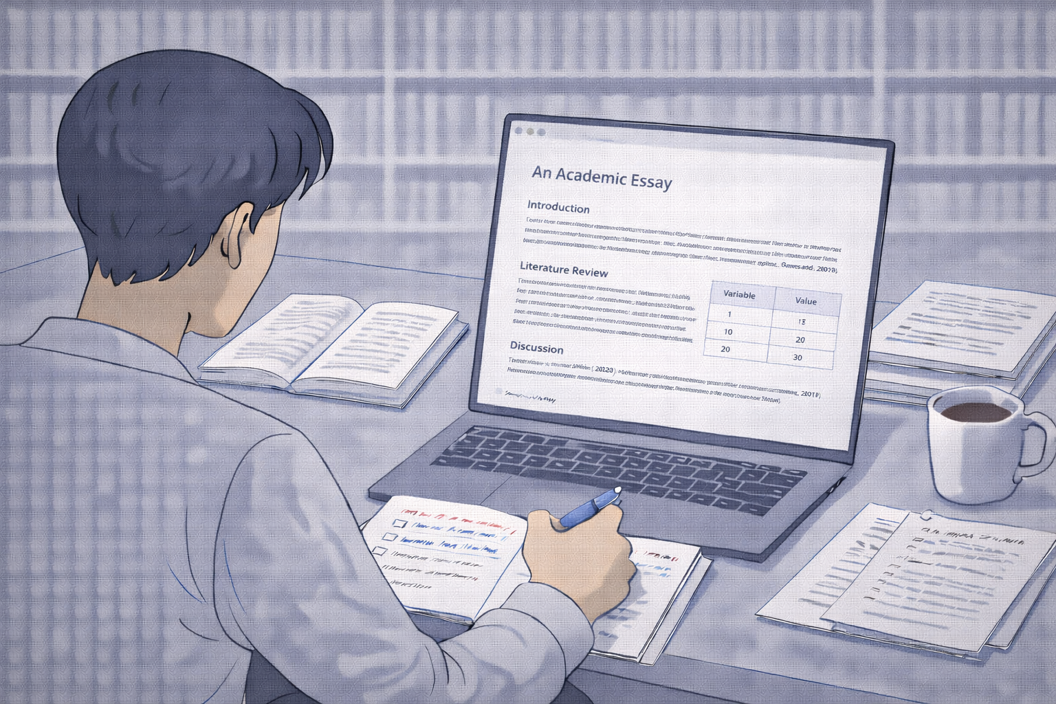 Clean academic illustration of a university student reviewing a well-formatted essay on a laptop, with visible headings, in-text citations, tables, and clear margins, alongside neatly aligned printed pages in a professional university-style workspace with neutral scholarly colours.