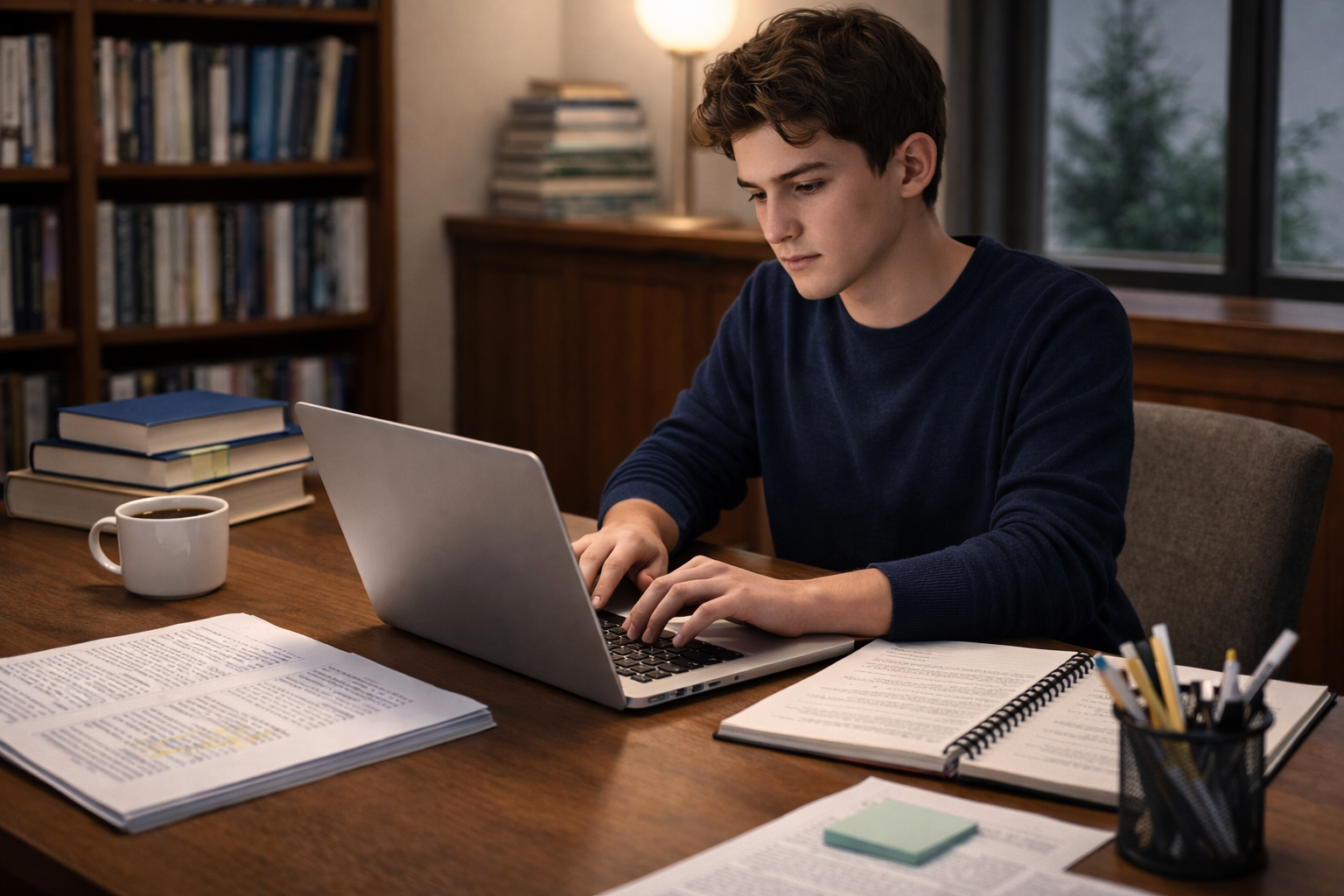 University student writing a thesis on a laptop with neatly arranged books and notes in a quiet academic workspace