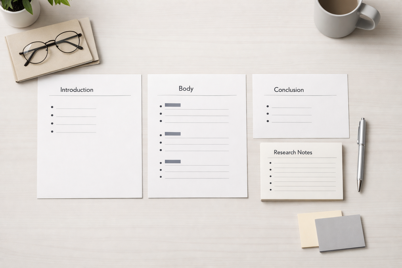 Minimalist academic desk layout showing a well-organised argumentative essay outline with structured sections, bullet-point planning sheets, and research notes arranged neatly on a clean university workspace in neutral professional tones.