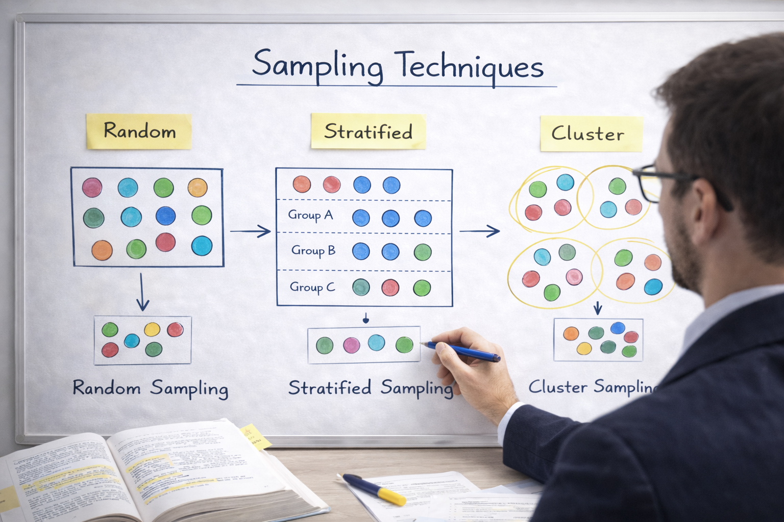 Researcher examining sampling techniques on a whiteboard with diagrams illustrating random, stratified, and cluster sampling.