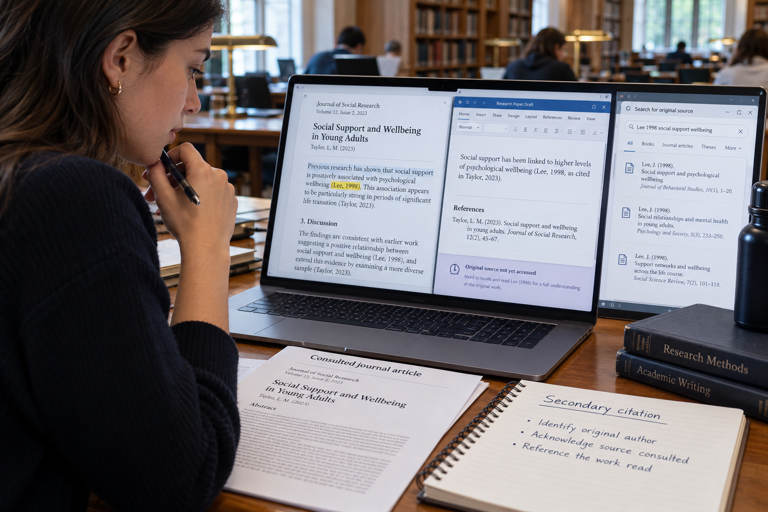 University student tracing an original source through a journal article while preparing a secondary citation and reference list beside academic notes.