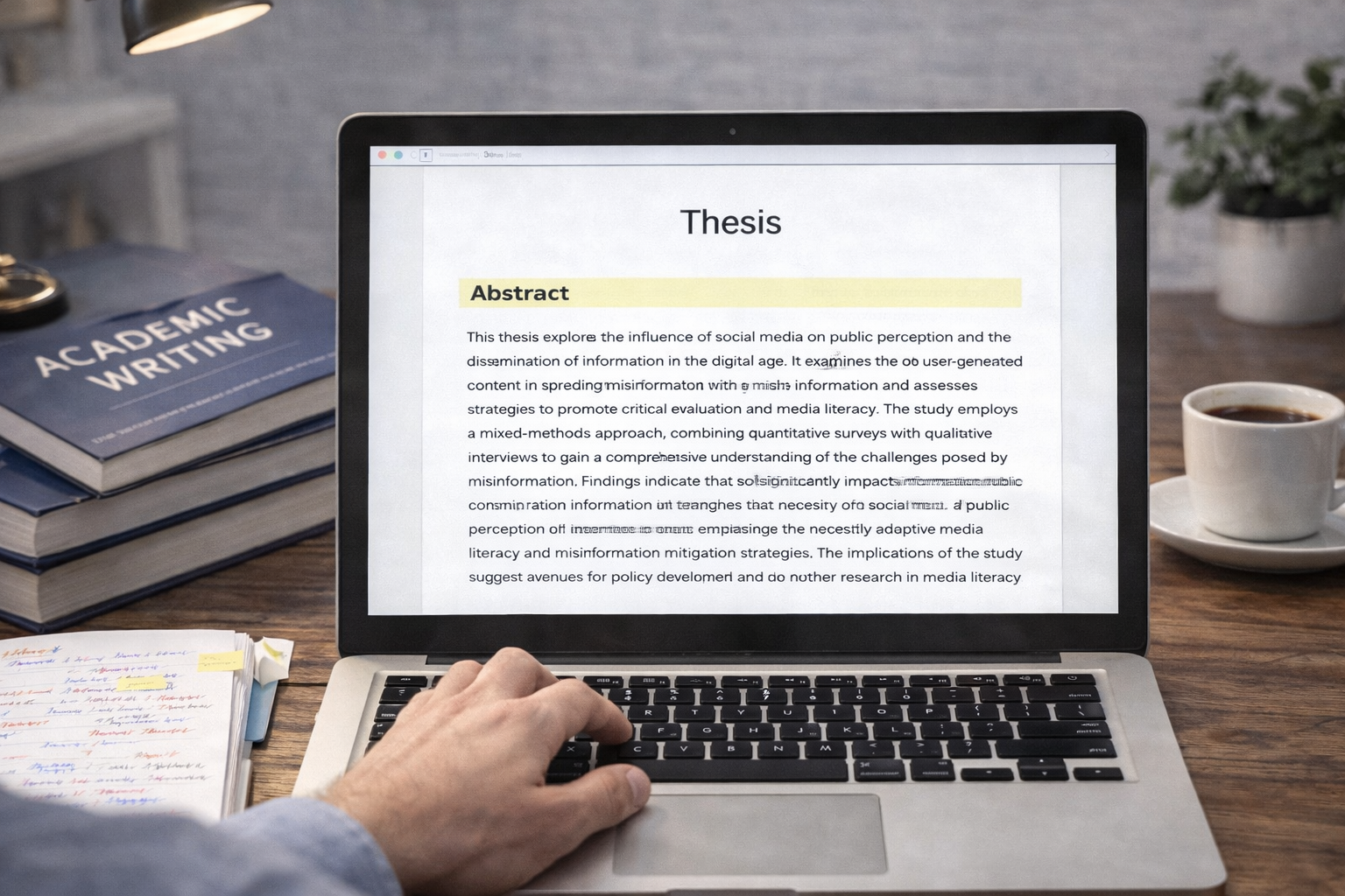Laptop displaying an open thesis document with the abstract section highlighted, showing structured academic paragraphs in a clean, professional research layout.