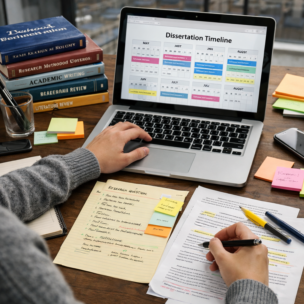 University student planning a dissertation timeline on a laptop with a digital calendar, surrounded by organized research papers, study notes, and academic materials on a desk.
