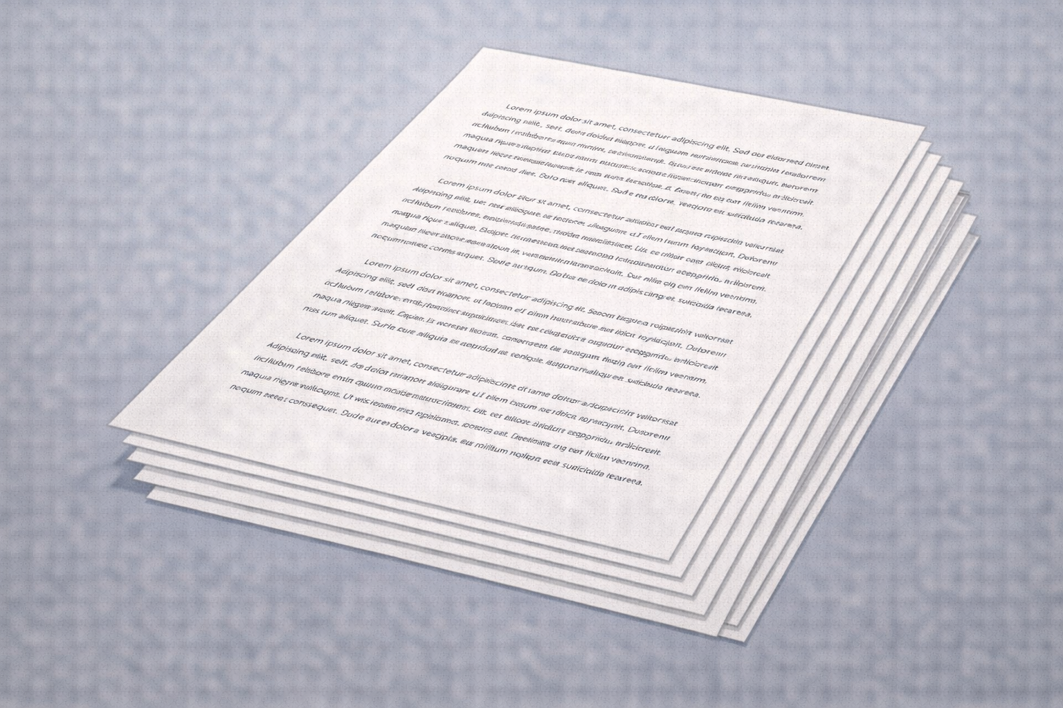 Minimalist academic illustration of eight neatly stacked double-spaced essay pages with visible margins and clear paragraph spacing, presented in a clean university style using a neutral blue and grey colour palette.