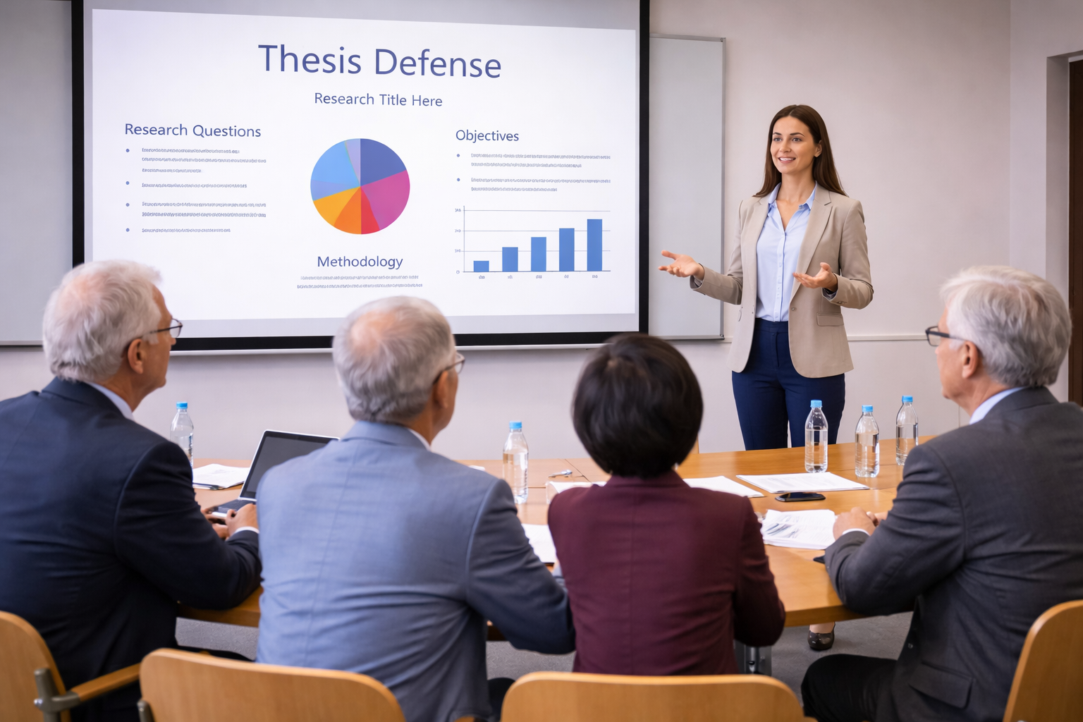 Graduate student presenting a thesis defense to an academic committee in a modern seminar room with a research presentation displayed on a large screen
