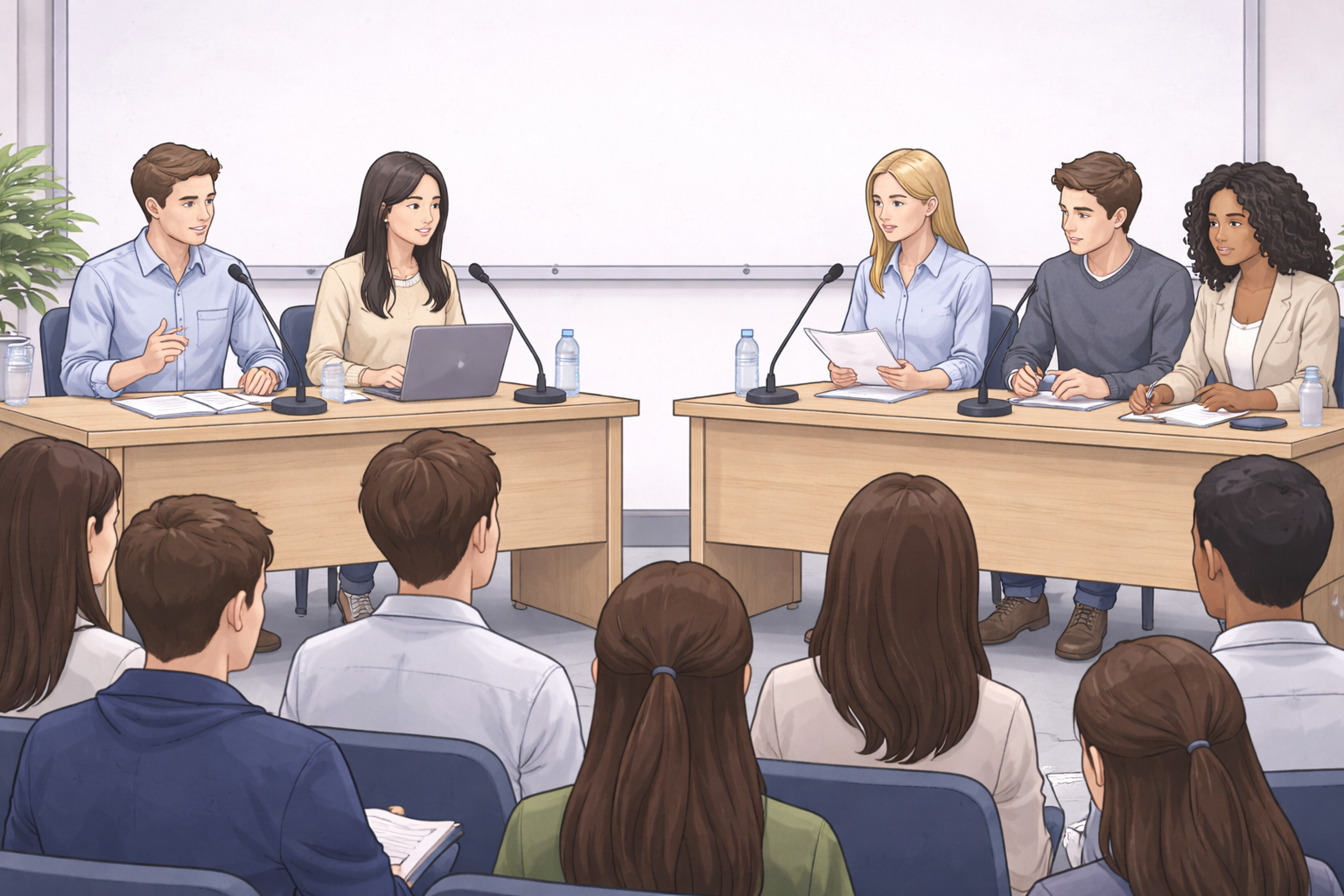 College students engaged in a formal classroom debate, seated in opposing teams behind desks with microphones, presenting arguments to an attentive audience in a professional academic setting.
