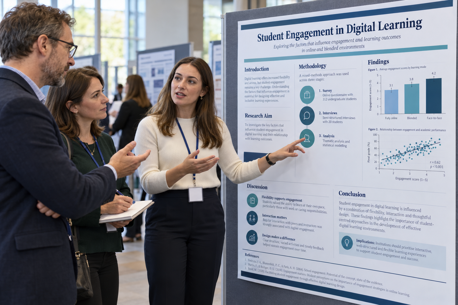 University researcher discussing an academic poster with two examiners, highlighting methodology, findings, and statistical charts.