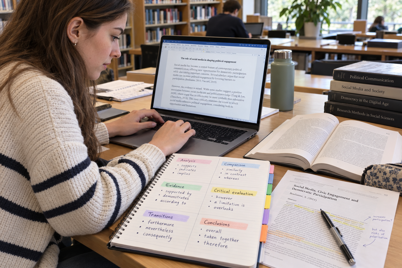 University student writing an essay with vocabulary notes for analysis, comparison, evidence, critical evaluation, transitions, and conclusions.