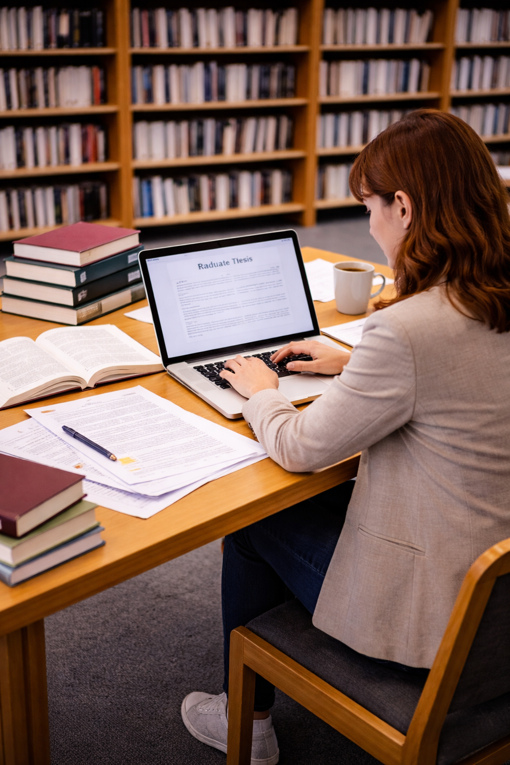 Graduate student writing a thesis on a laptop at a university library desk with academic books and research papers in a quiet study environment