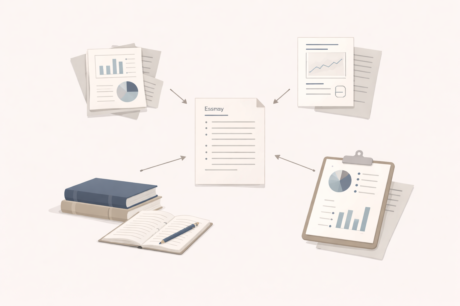 Minimalist academic illustration depicting a central essay supported by surrounding research papers, charts, and books, arranged in a clean university style with neutral blue and grey tones and no text overlays.
